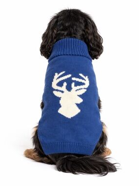 HARRY BARKER Cozy Navy Blue Dog Mock Neck Sweater w Deer Antler Horns & Button